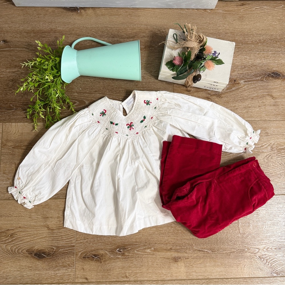 Smocked Christmas Set Girls 4T Candy Cane Holly  White Tunic Red Corduroy Pants
